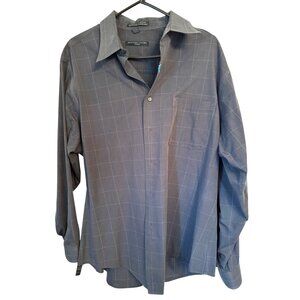 Geoffrey Beene Fitted Long Sleeve Shirt 17.5 34 35 Gray Plaid Cotton Poly Blend